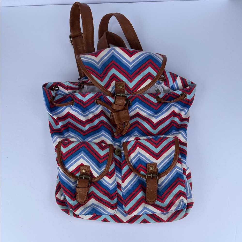 Chevron Canvas Backpack in Red, Blue & White with Brown Trim